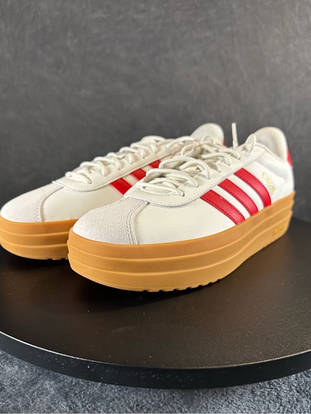 Women's Adidas Platform Sneakers White with Red Stripes and Gum Sole